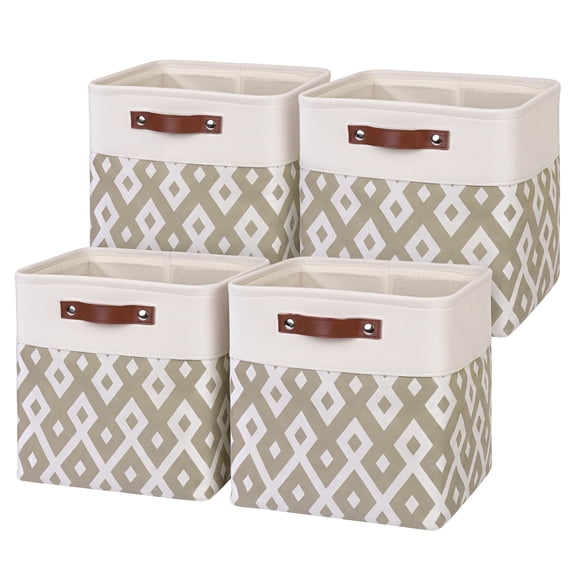 ENLOY Fabric Cube Storage Organizer Bins, 12x12 inch Foldable Storage Cube Bins with Leather Handle for Shelves- 4 Pack