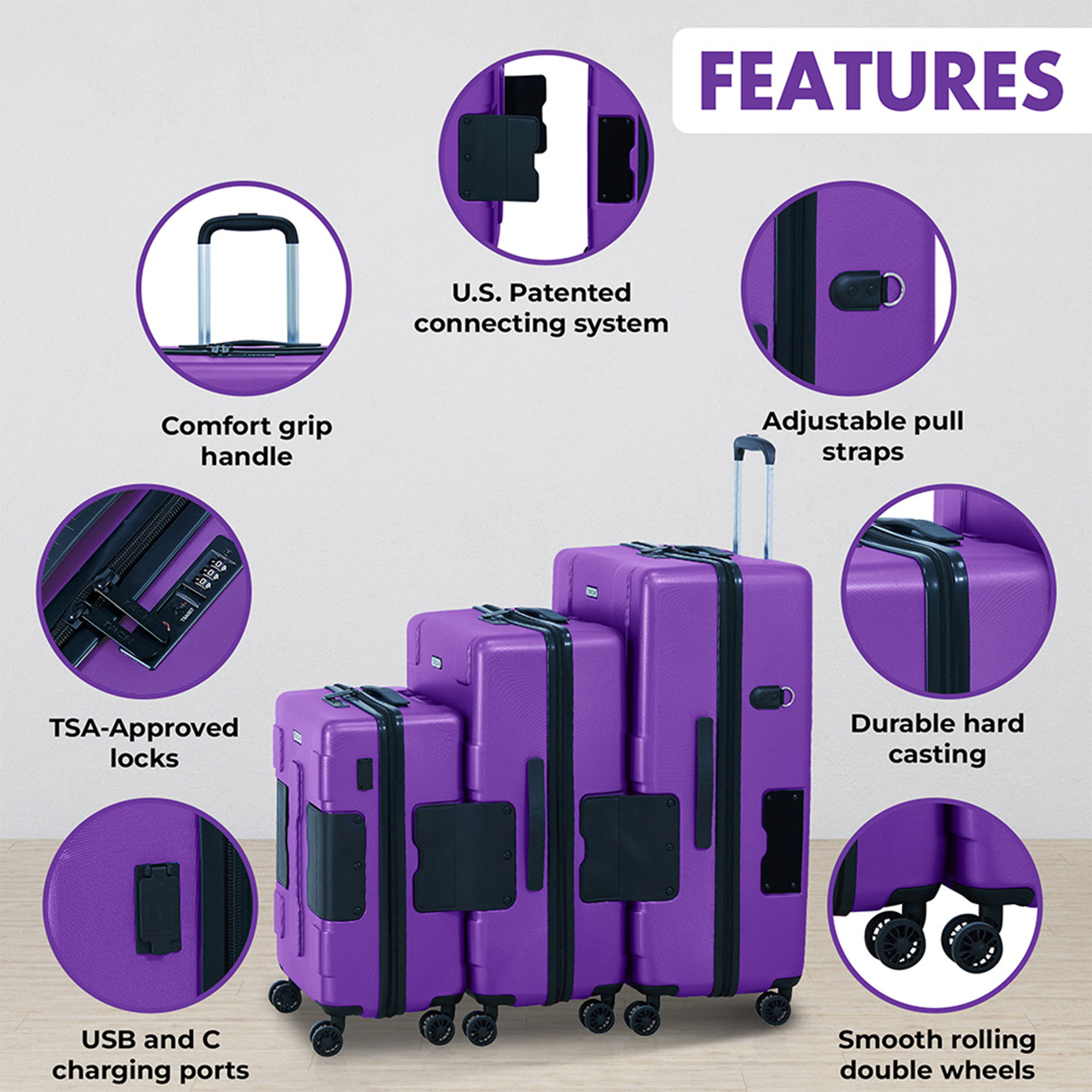 TACH V3 Connectable Spinner Suitcase, 3 Piece Set, TSA Approved