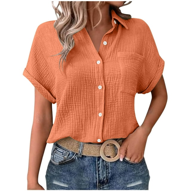 Yanlir Blouse à Manches Courtes pour Femmes, Col Rabattu, Couleur Unie, Poches, Décontractée, Bureau, Légère, Sans Plis, Extensible (Orange, P)