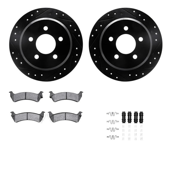 Dynamic Friction Company Rear Brake Rotors-Drilled and Slotted-Black with Ultimate Duty Performance Brake Pads includes Hardware 8412-42031