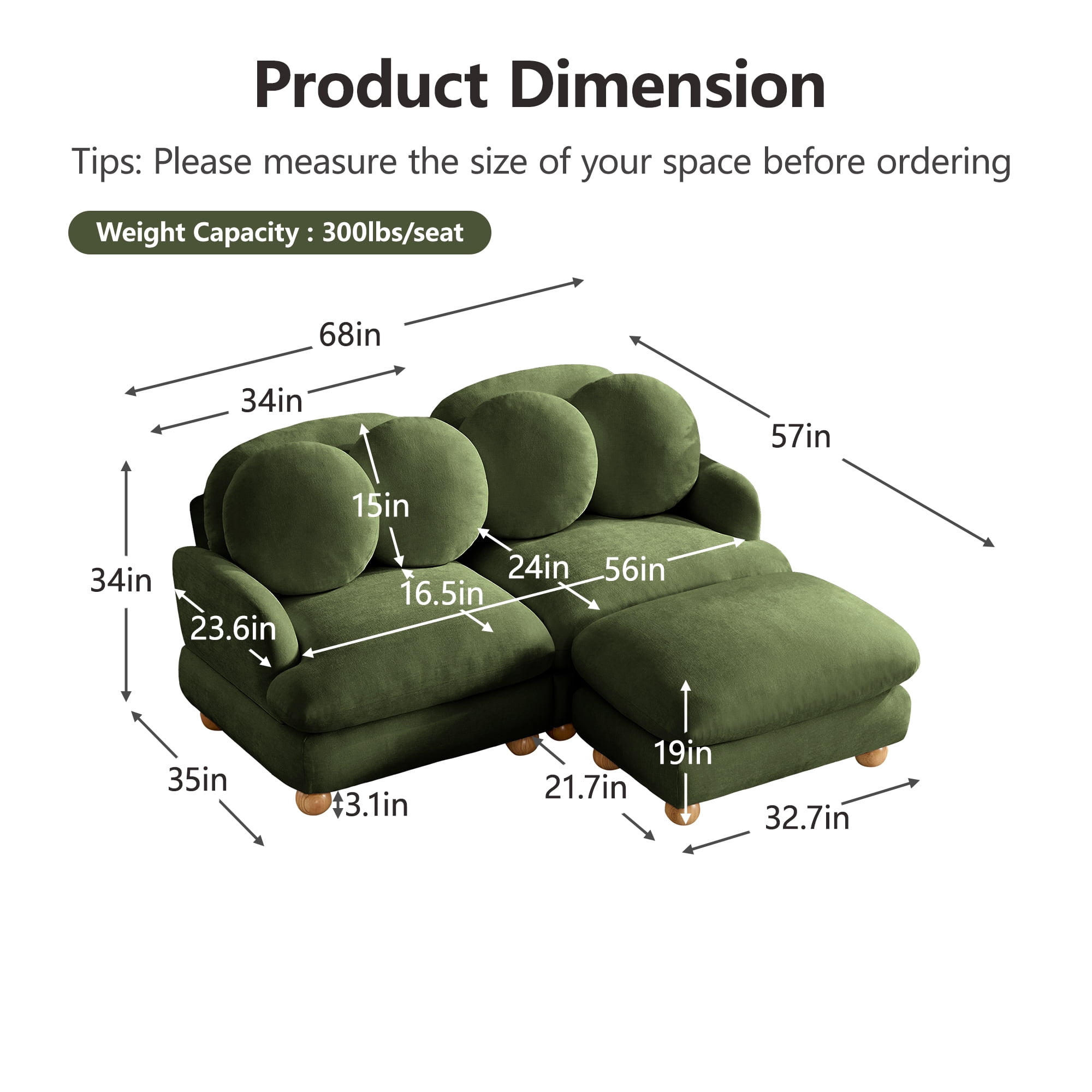 68" 3 Seater Chenille Loveseat Modular Sectional Sofa Couch with 4 Throw Pillows and Ottoman