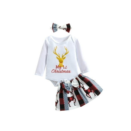 

ZIYIXIN Newborn Baby Girl My 1st Christmas Outfits Long Sleeve Letter Print Romper+Tutu Skirt+Headbands 3Pcs Clothes White 3-6 Months