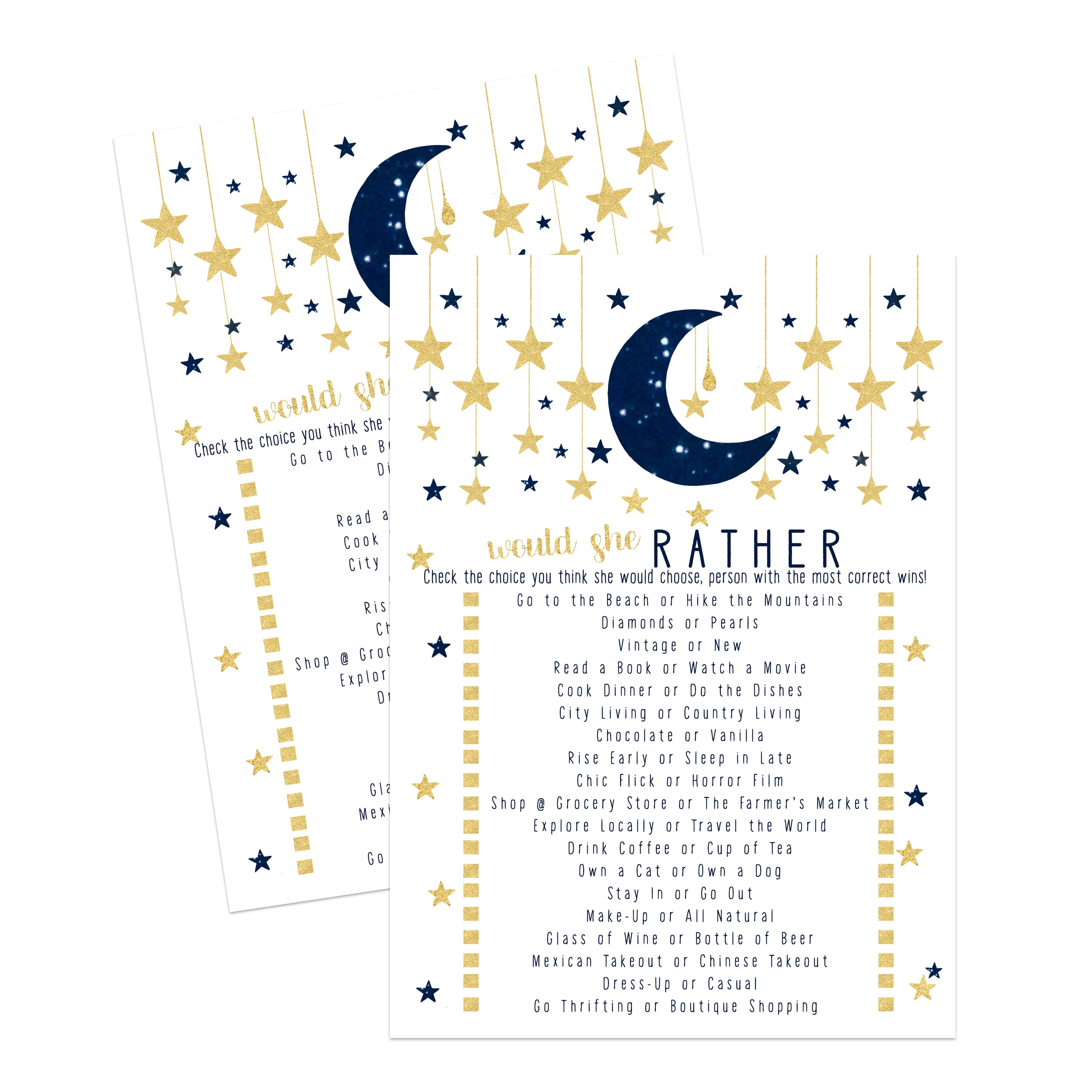 Twinkle, Twinkle Little Star Would She Rather Game Pack of 25 Cards for Boys Baby Shower Who Knows Mommy Best Guessing Activity Navy and Gold Paper Clever Party