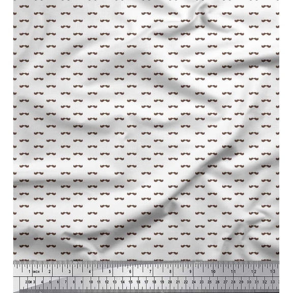 Soimoi White Poly Georgette Fabric Mustache Face Print Fabric by The Yard 42 Inch Wide