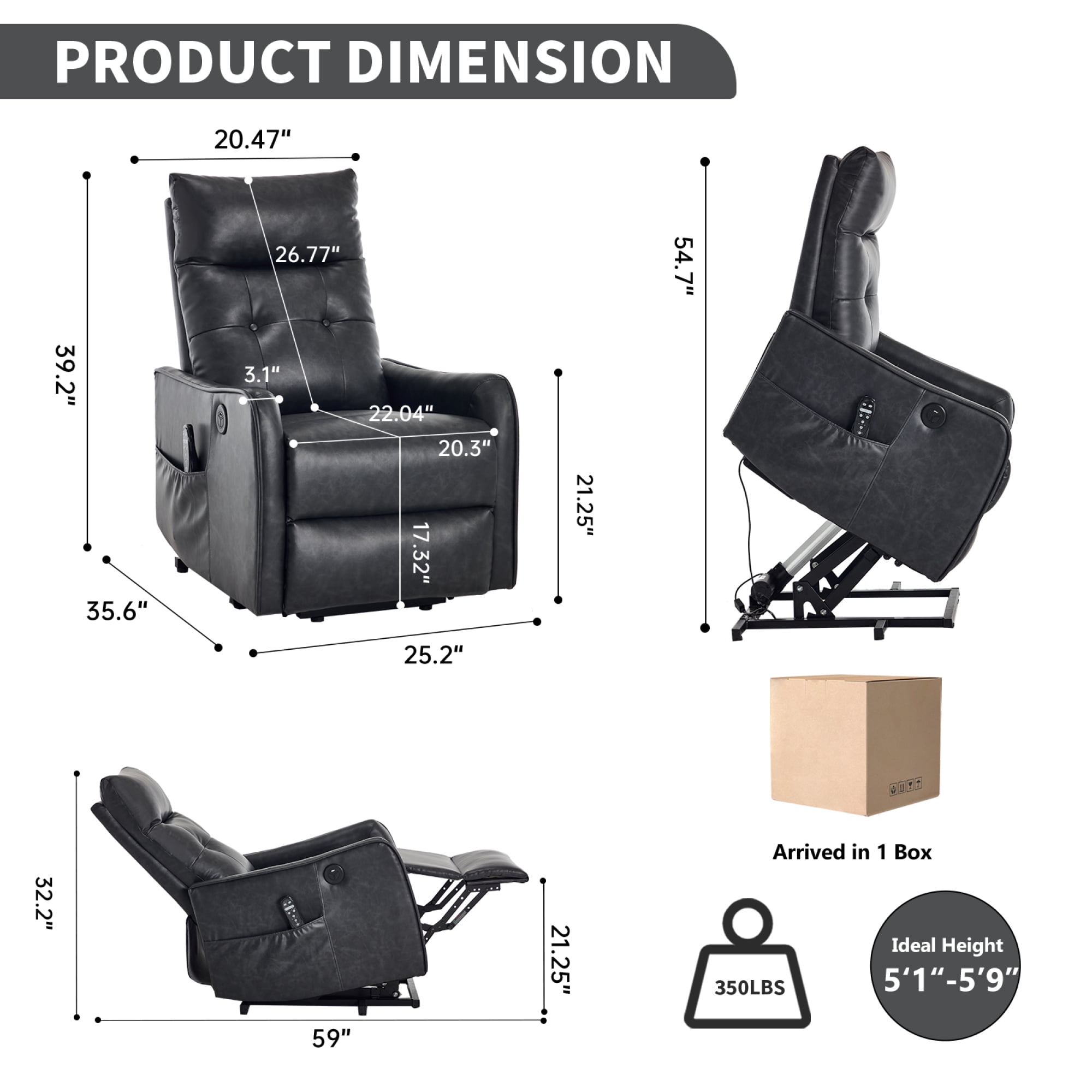 Leumius Power Lift Recliner Chair with Massage and Heat for Elderly,Heavy Duty Electric Reclining Chair with Side Pockets,USB Charge Port for Living Room,Grey-Faux Leather