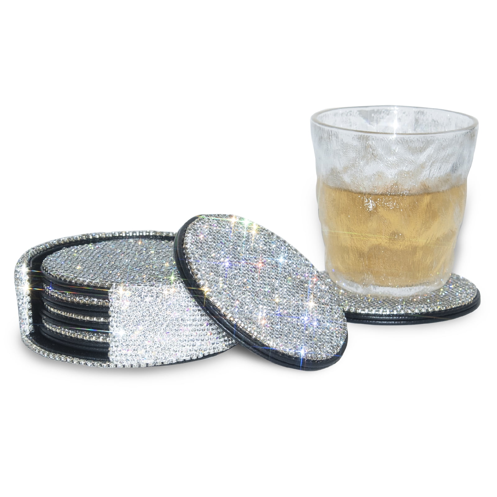 Coasters for Drinks Coffee Tea Cup Pads Table Mat with Coaster Holder for Home,Office,Kitchen,Bar,Bling Crystal Luxury Handmade Diamond Square 