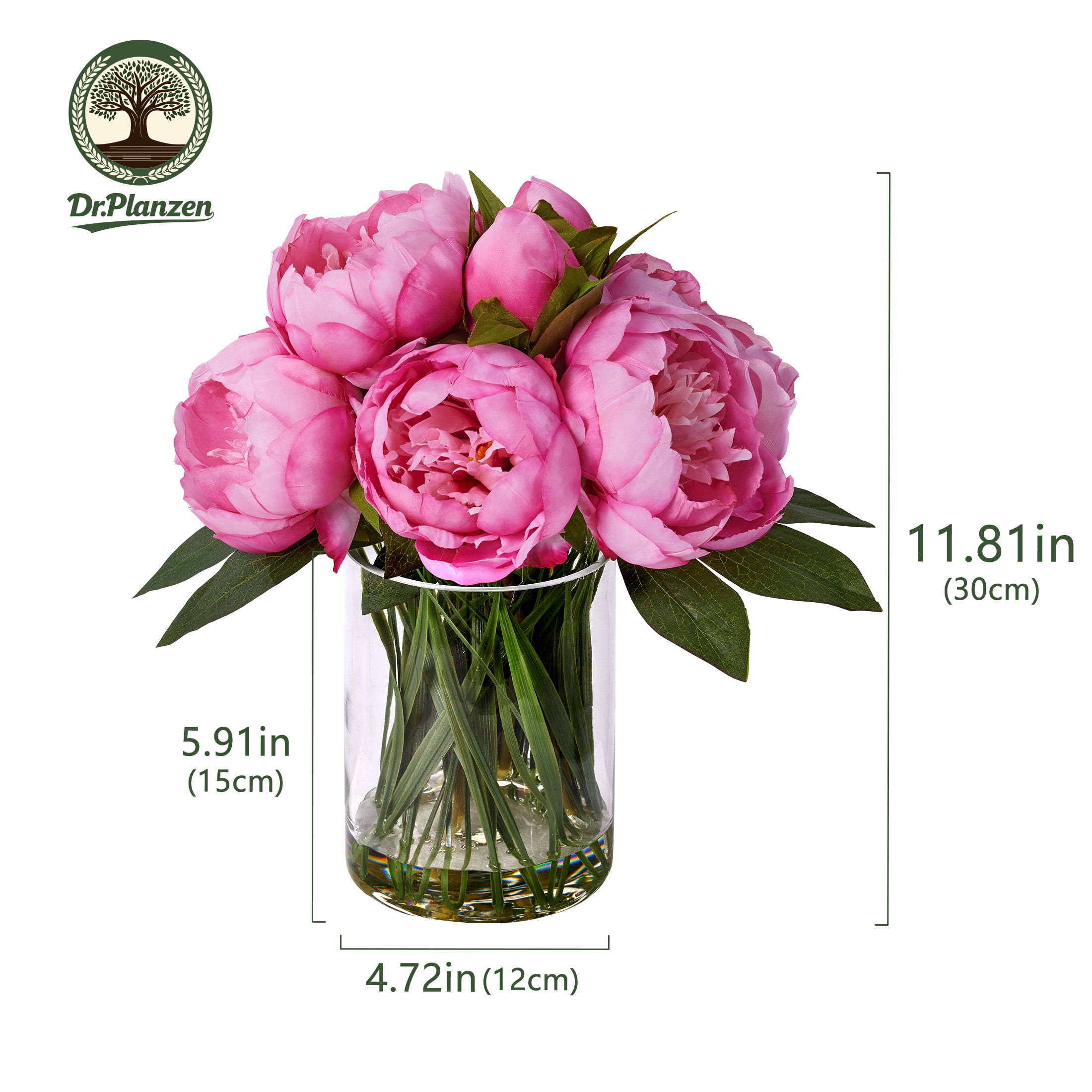DR.Planzen Peach-Red Artificial Peony Plant in Vase, 9 Bloom & 82 Leaves Silk Flower Arrangement with Faux Water, 12” Home Office Table Decor