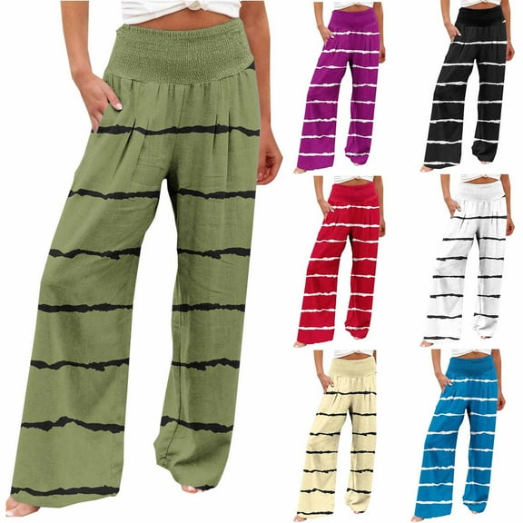 ABPWLY Pants for Women Wide-Leg Pants for Women Casual Elastic Waist Palazzo Pants Trendy Striped Print Loose Palazzo Trousers with Pocket Work Pants Women