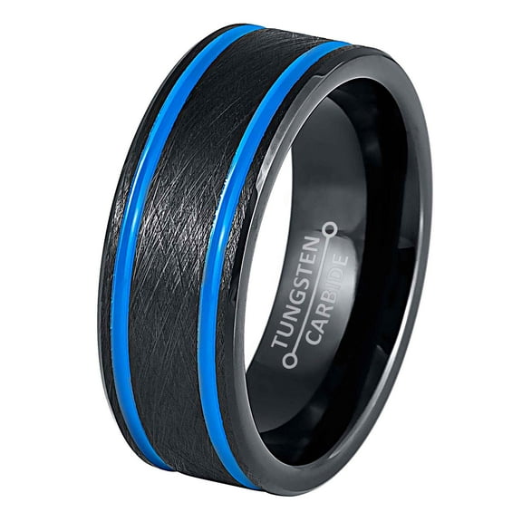 Jewelry Avalanche Black & Blue Tungsten Carbide Weding Band, Mens Engagement Ring, Pipe Cut 8MM