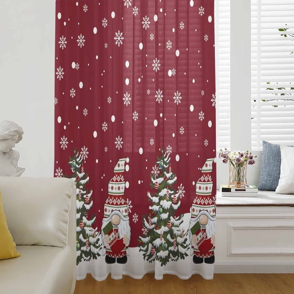 Red Christmas Gnomes Semi Sheer Curtains Drapes for Living Room, Bedroom, French Doors Window 96 Inches Long, Winter Xmas Snowflakes Holiday Rod Pocket Chiffon Curtain Drapery Voile Draperies Panel