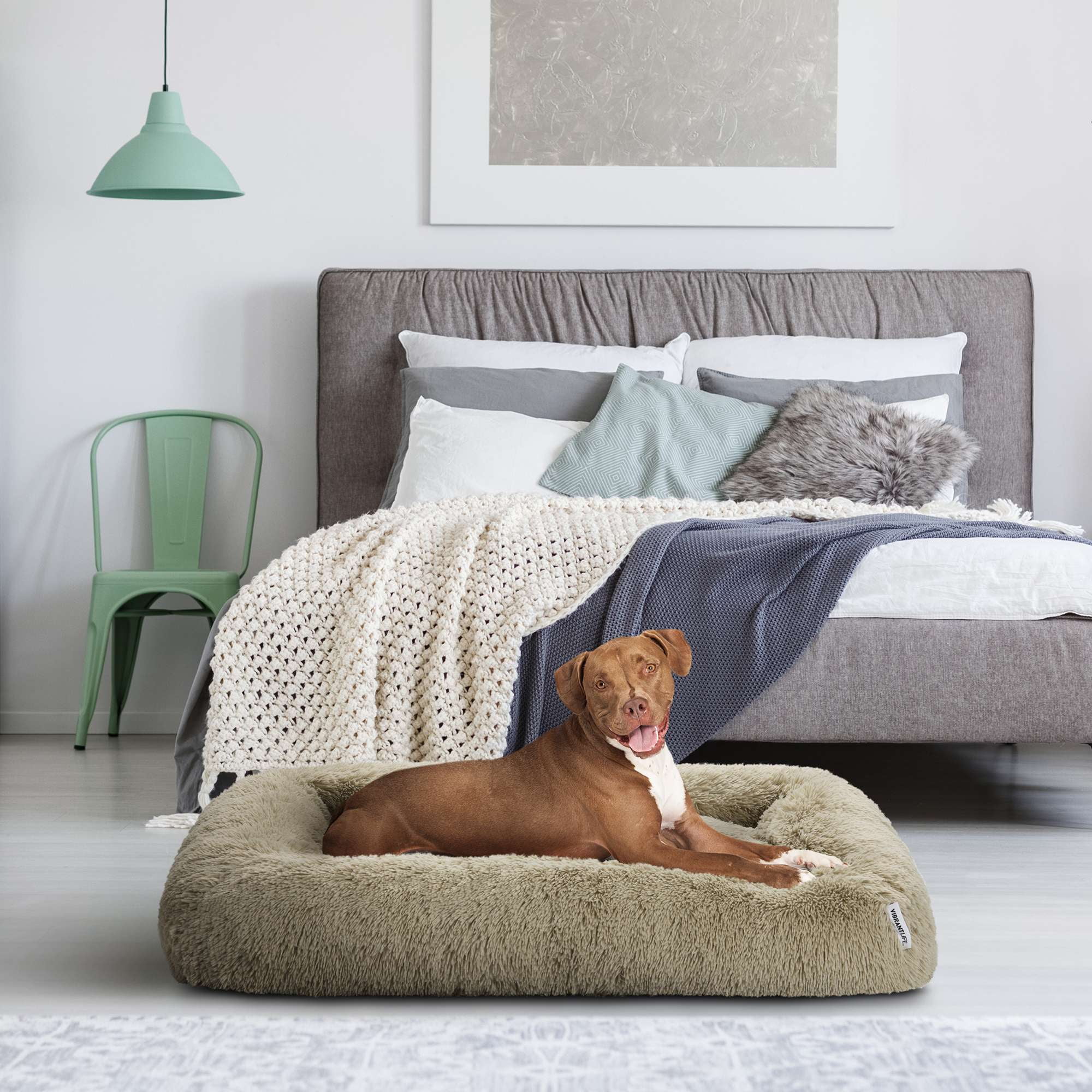 Vibrant Life Furry Cozy Bolster Pillow Dog Bed, Large Breeds, Extra Large, Oatmeal, 42" x 32"