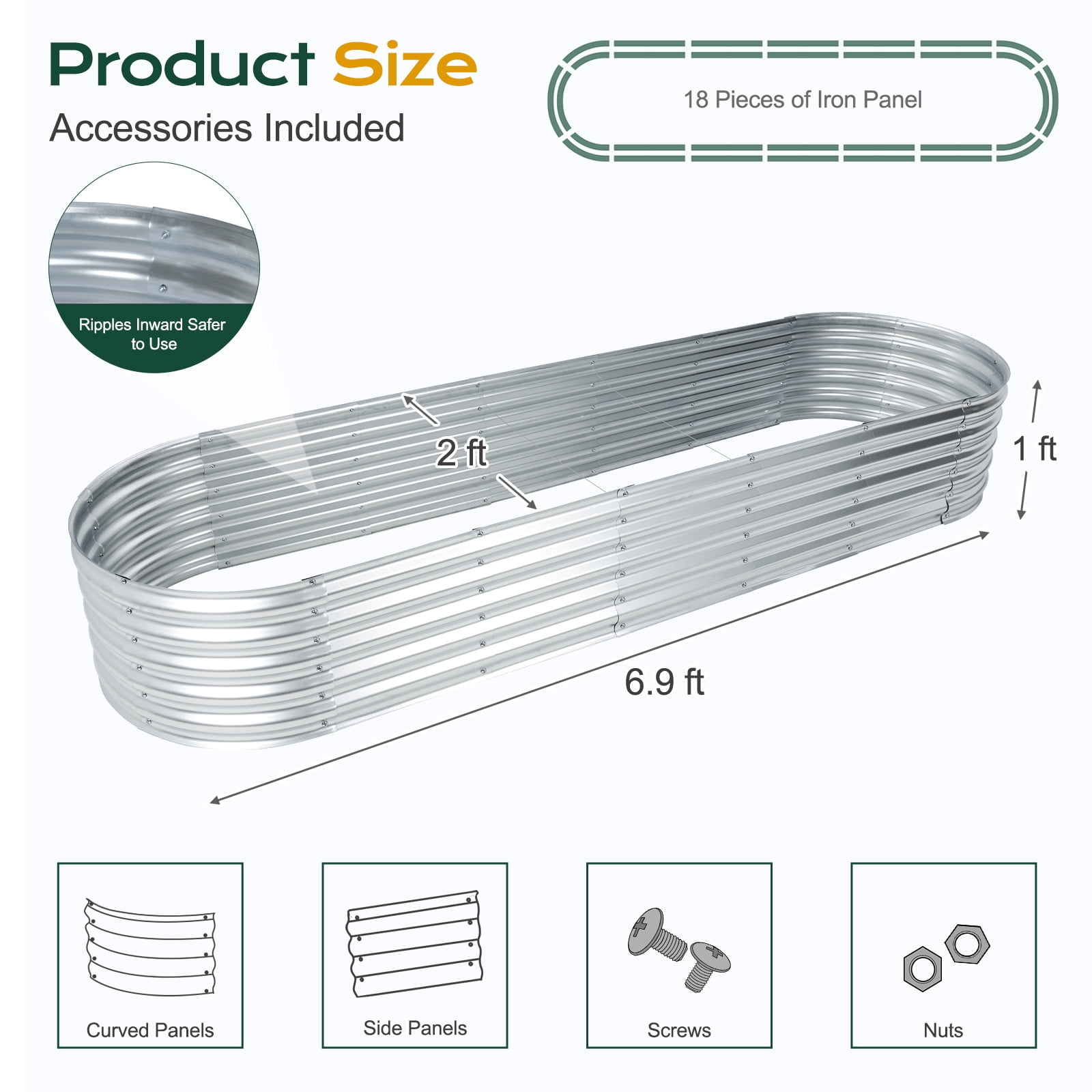 Aoodor Galvanized Raised Garden Bed Kit, 7x2x1 Ft, Oval Planter Box for Vegetables, Flowers, and Herbs, Outdoor Use, Silver