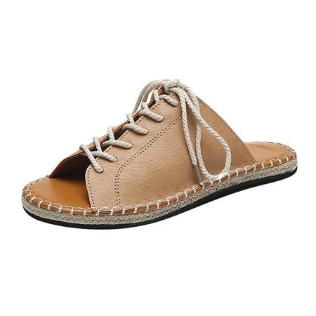 

CHOII 50% off Clearance Women s Roman Leisure Large Size Peep Toe Hemp Lace-Up Slipper Sandals Shoes Thong Sandals Slide Sandals for Ladies Cushionaire Sandals Summer Sandals for Women 2024 Khaki/6.5