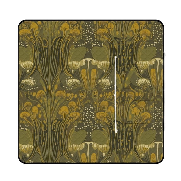 Olive Green Mushroom Forest Pattern Design Outdoor Picnic Blanket, Foldable Waterproof Beach Mat, Portable Beach Blanket for Beach Camping, Hiking, Family Concerts
