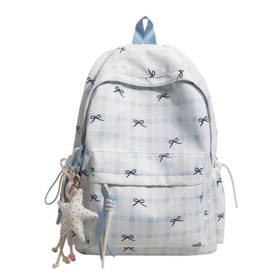 Checkered Plaid Backpack for Women, Korean Aesthetic College Daypack with Bow, Lightweight Nylon Bookbag for Travel Campus (Blue)
