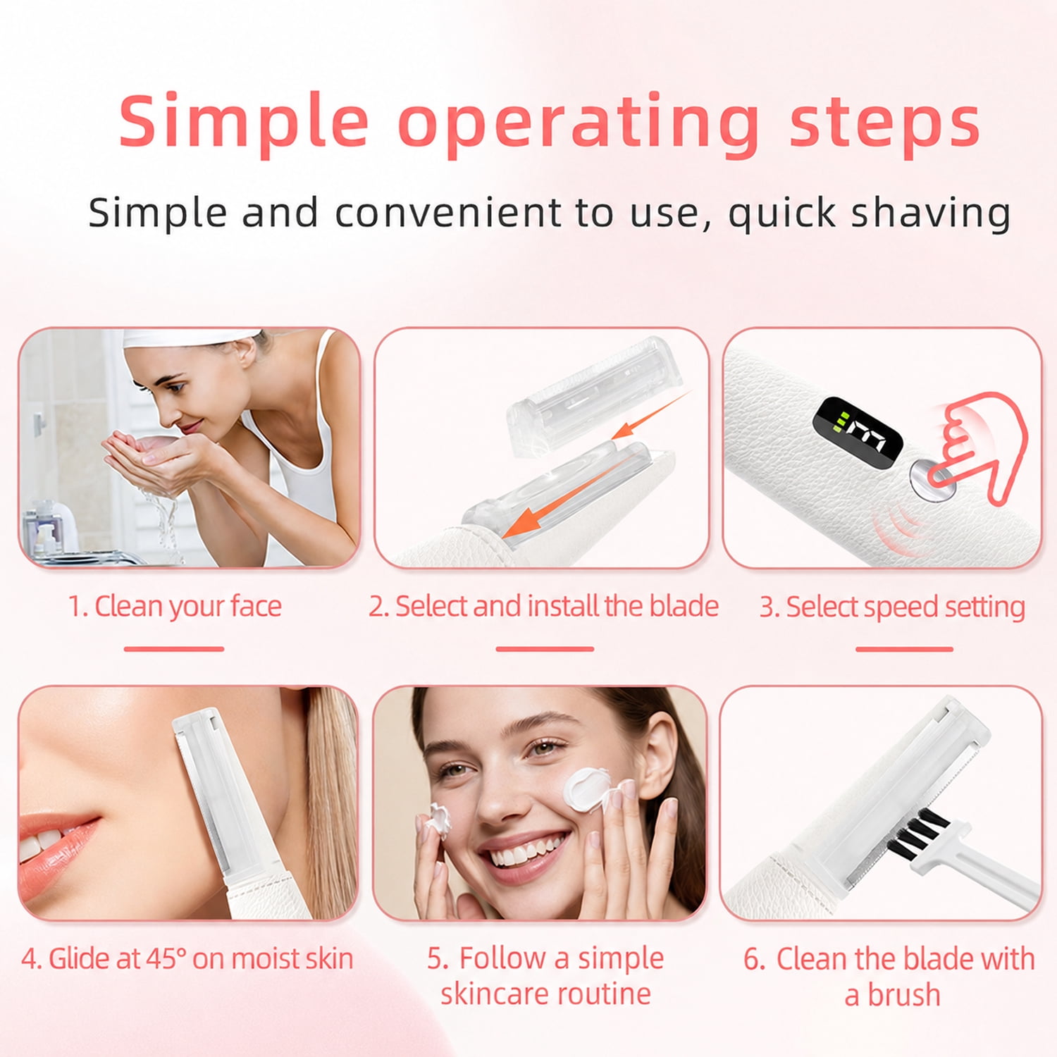 Sonic Dermaplaning Tool for Women, Rechargeable Face Dermaplane Razor with 14,000 Vibrations, 3 Speeds with LED Light, 12 Blades for Peach Fuzz Removal & Facial Exfoliation(White)