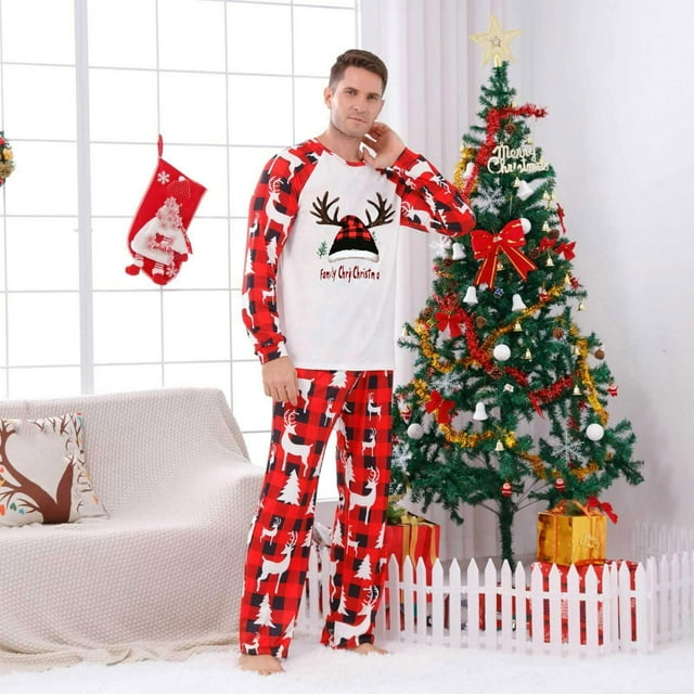 Christmas Men Plaid Printed Blouse+Pants Family Matching Pajamas Set