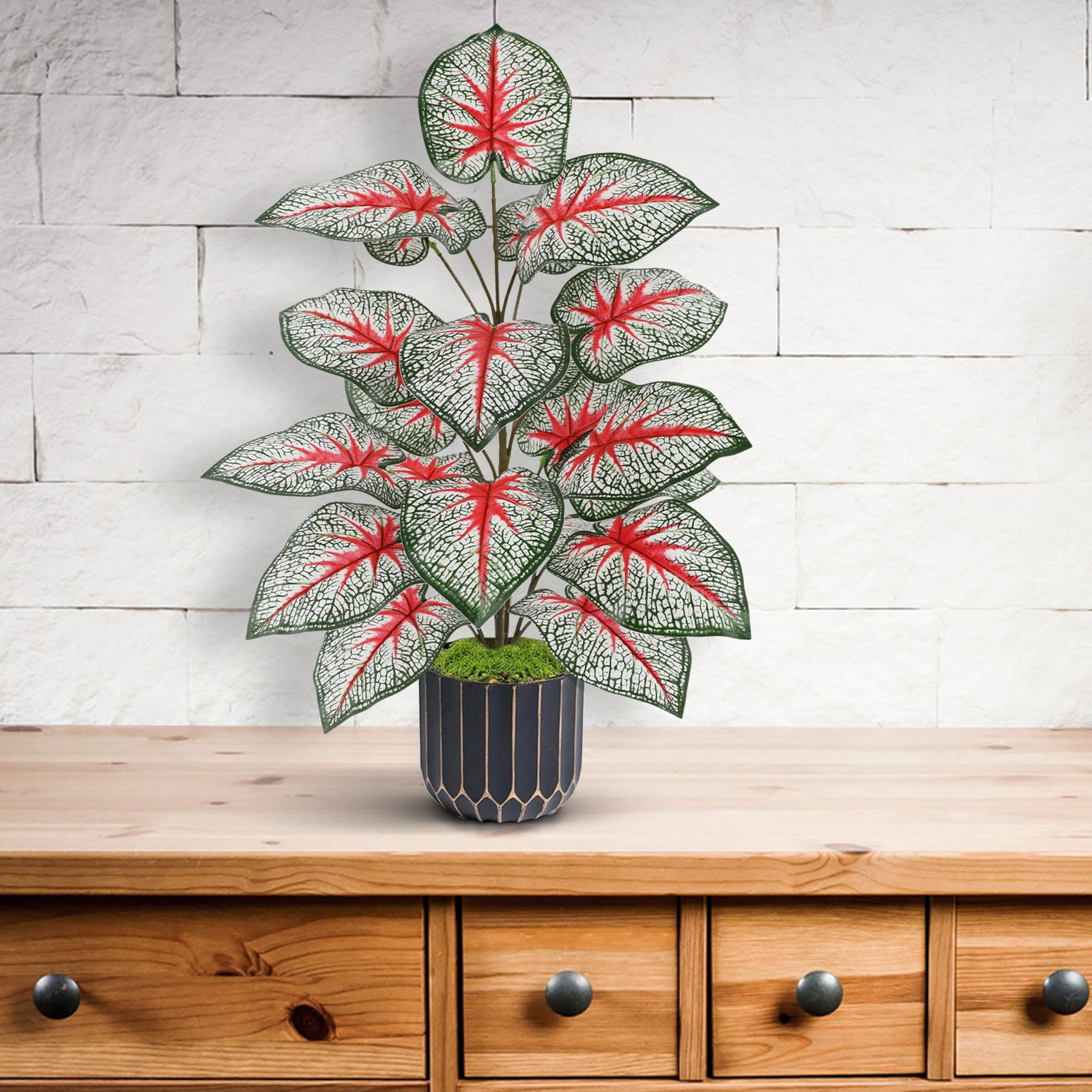 Artificial Caladium Plant Faux Red Heart Variegated Tropical Houseplant Realistic No Maintenance for Indoor Living Room Outdoor Patio Home Decor Simulation Green Plant 25.59 Inch 1Pcs