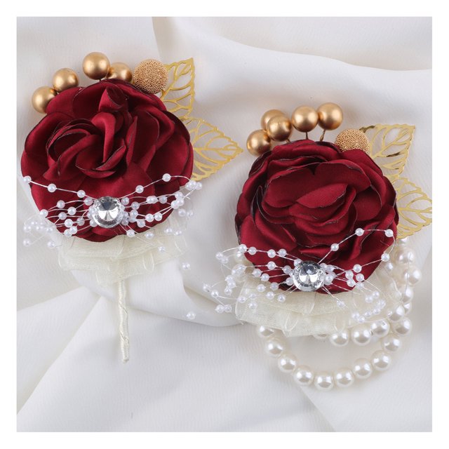 CSChome Wrist Flower For Wedding Faux Pearl Wrist Flower Adjustable Stunning Wedding Accessory Fade less Beautiful Wrist Flower Wedding Supply (Set of 1)