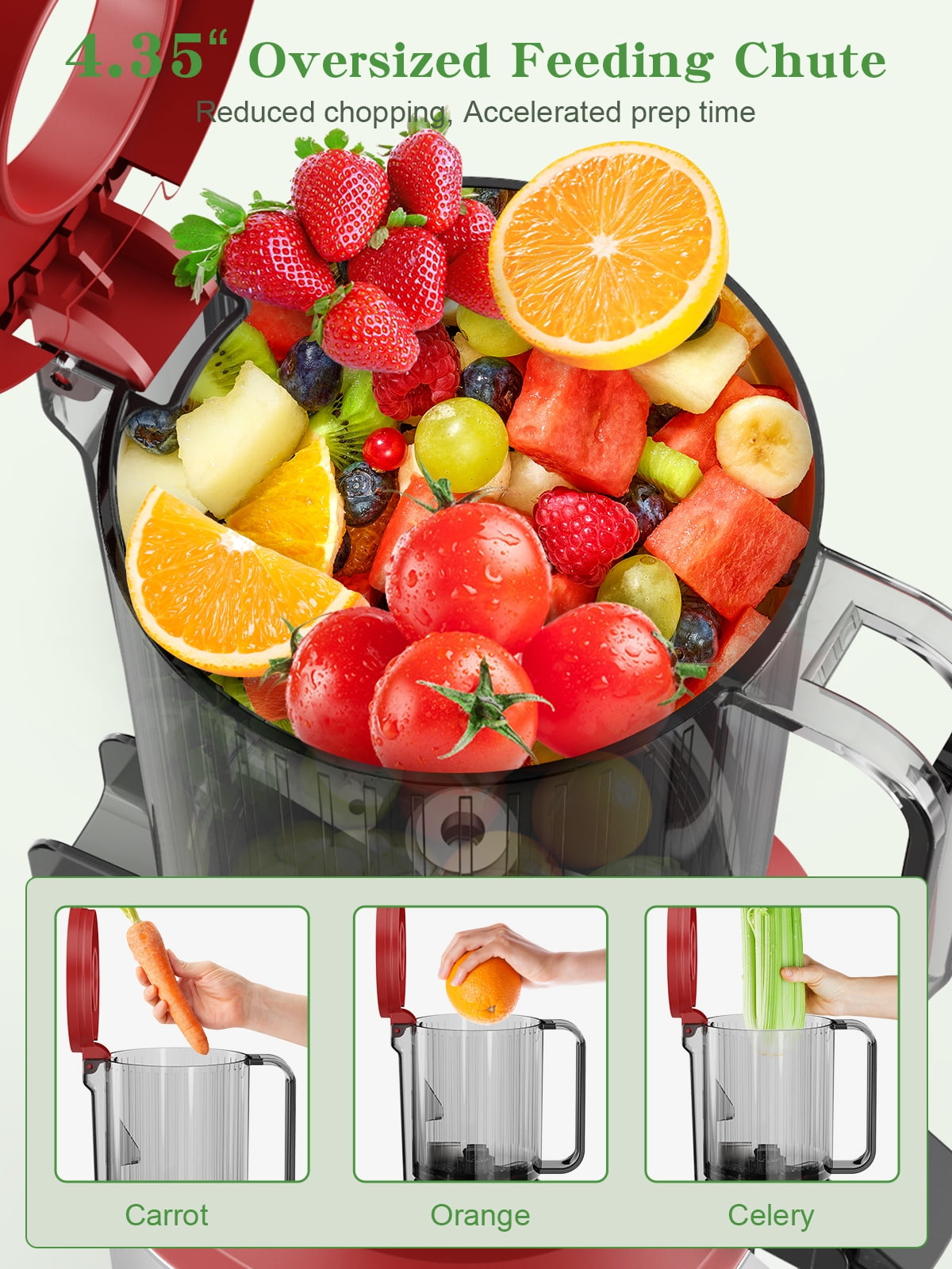GlowWise Juicer Machines with Built-in Blades for Slicing Whole Fruits & Vegetables, Cold Press Juicer with 4.35" Large Feeding Chute, Easy to Clean, Quiet Masticating Juicer with High Juice Yield