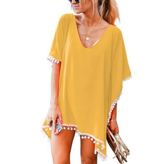 Clearance Clothes Pitauce Swimsuit Coverup for Women Trim Chiffon Tassels Solid Color Summer Beach Bathing Suit Cover Ups Casual Loose Bikini Cover Up