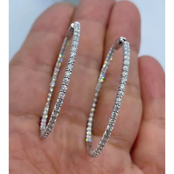 3TCW Round Cut Lab Created Diamond Inside Out Hoop Earrings 14K White Gold Plated 2 inches
