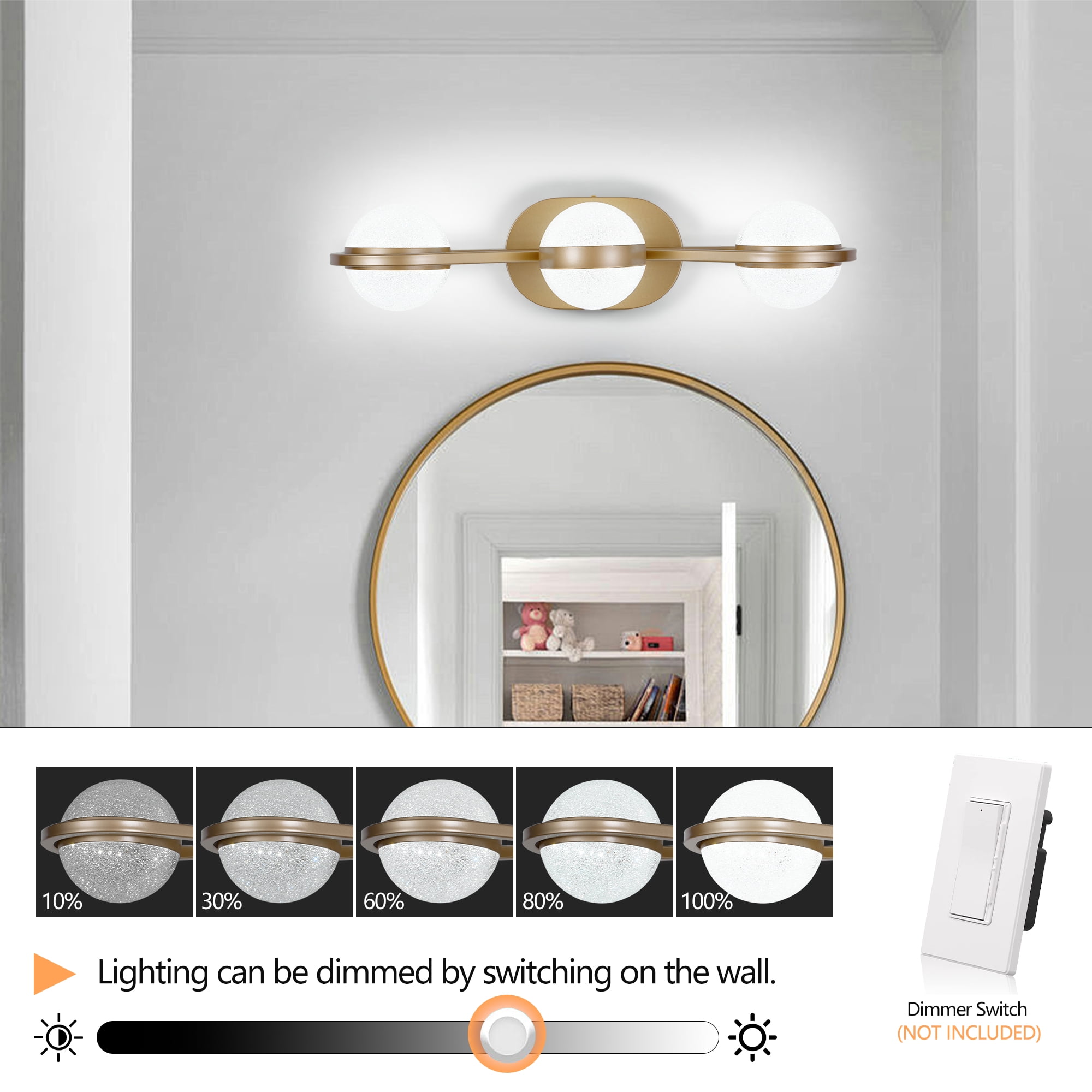 21 Inch LED Bathroom Vanity Light, Modern 3-Light Dimmable Wall Sconce with Globe Shades, Bronze Finish