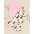 thumbnail image 4 of Nygoyerh Toddler Baby Girls Casual Long Pants Sets 6M-4T Short Sleeve Letter Print T-shirt + Floral Print Flared Pants + Headband 3Pcs Kids Cute Summer Outfits, 4 of 9