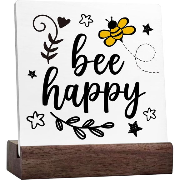 Be Happy Honey Bee Sign Desk Decor,Rustic Inspirational Ceramic Table Sign Desk Decorations For Summer Home Living Room Office Garden Shelf Table Decor