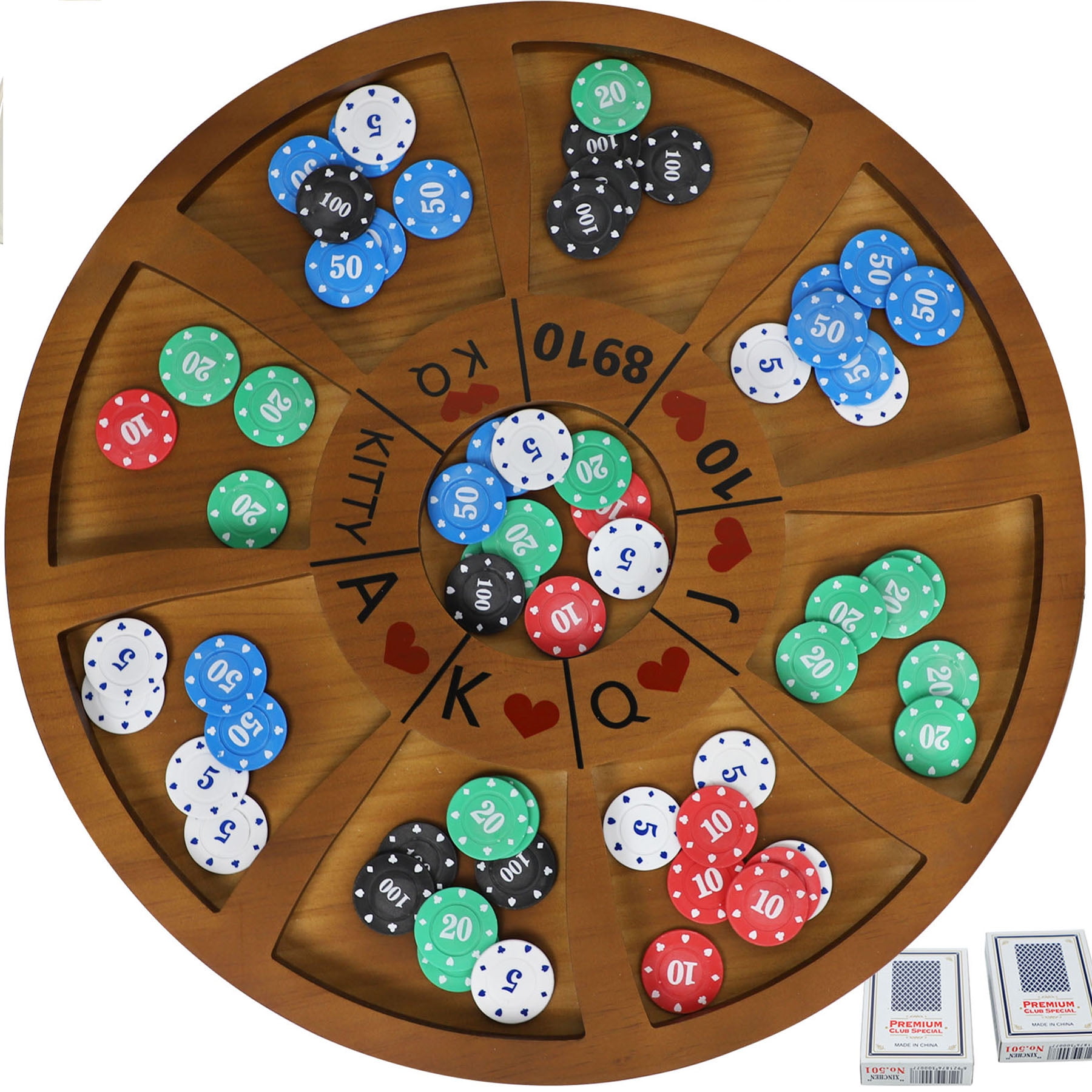 20 inches Michigan Rummy Game Deluxe Set Perfect Blend of A Royal Game of Hearts Rummy Poker Wooden Tripoley Board Game Betting Bluffing Game Classical Family Card Game for Adults 200 Chips