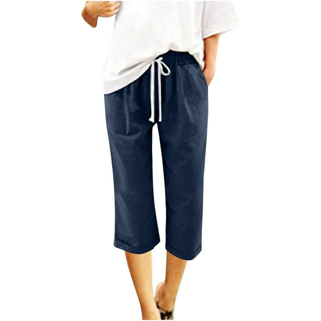 Timegard Capri Pants for Women Summer Elastic Waisted Drawstring Lightweight Casual Crop Pants with Pockets