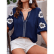 thumbnail image 5 of Blusas de Verano para Mujer, Blusas Florales Bordadas con Mangas Abullonadas, Cuello en V, Estilo Bohemio, Informal Azul Marino XL, 5 of 7