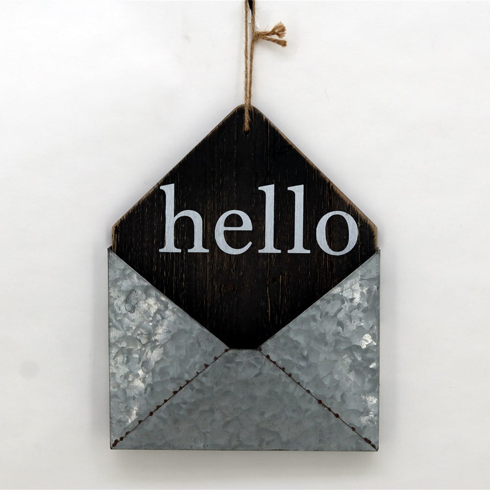Parisloft Hello Rustic Wood and Metal Envelope Wall Holder with Jute Hanger, Black