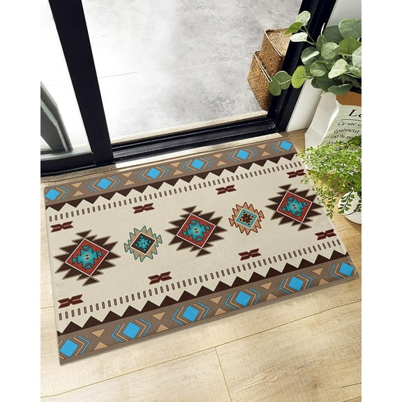 Native Southwestern Tribal Bathroom Shag Doormat Geometric Plaid Water Absorbent Bath Rug Floor Mat Washable Fluffy Plush Indoor Area Rugs Cozy Welcome Carpet Indian Ethnic 18"x30"