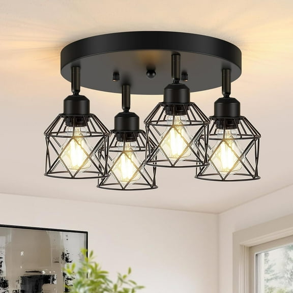 4-Light Kitchen Light Fixtures Ceiling Mount Adjustable Multi-Directional Flush Mount Ceiling Light Fixtures Farmhouse Metal Cage Ceiling Lights for Dining Room Entryway Hallway