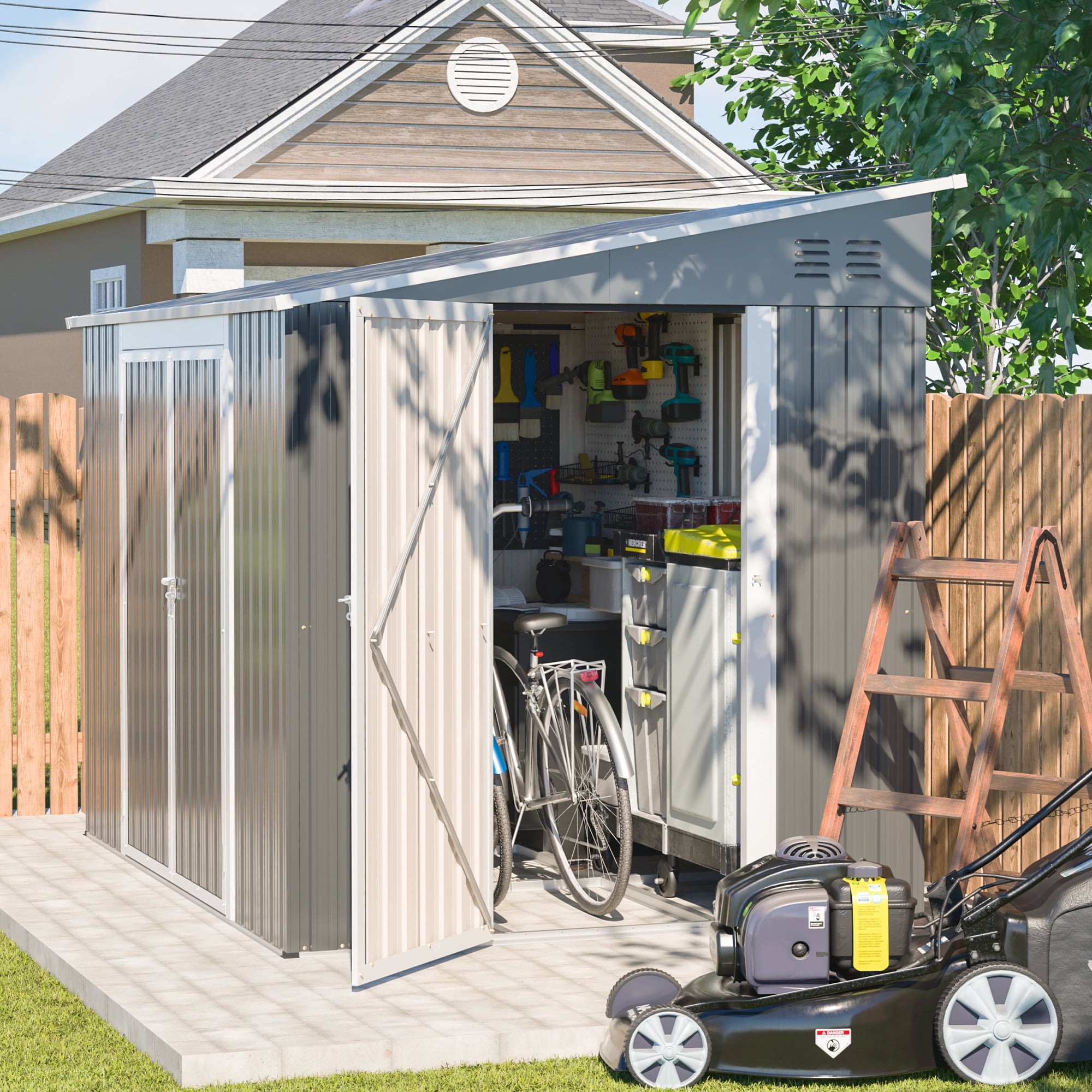 LZBEITEM 8x6 ft Outdoor Metal Storage Shed, Lean-to Design, Lockable Garden Tool Shed with Side Wall Entry Door, Gray, Galvanized Floor Frame
