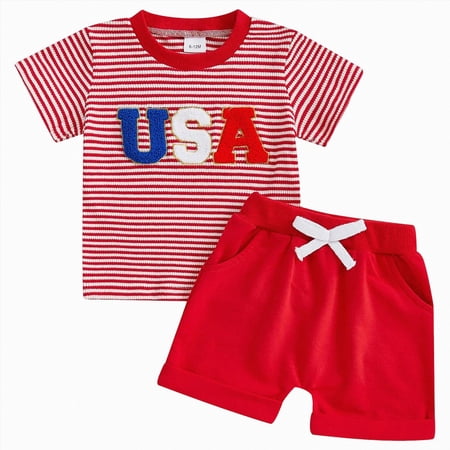 Xudanell Boys 4th of July Short Sleeve Outfits Trendy Two Piece Set Simple Embroidery Printing T Shirt Matching Shorts Red 12-18 Months