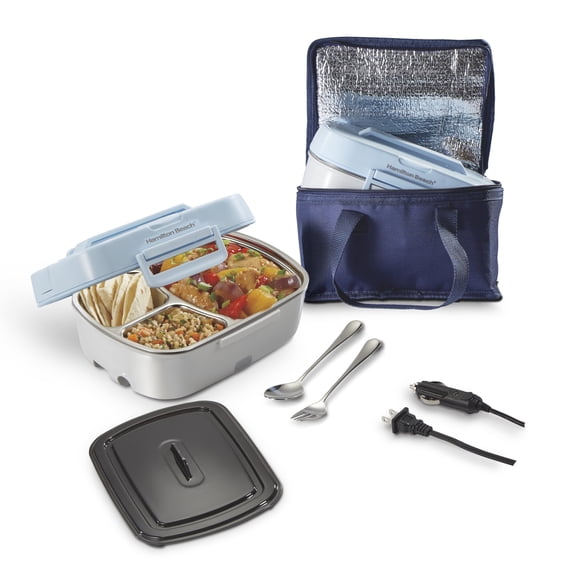 Hamilton Beach Electric Lunch Box, Portable Food Warmer with Insulated Bag, Includes Accessories, Blue
