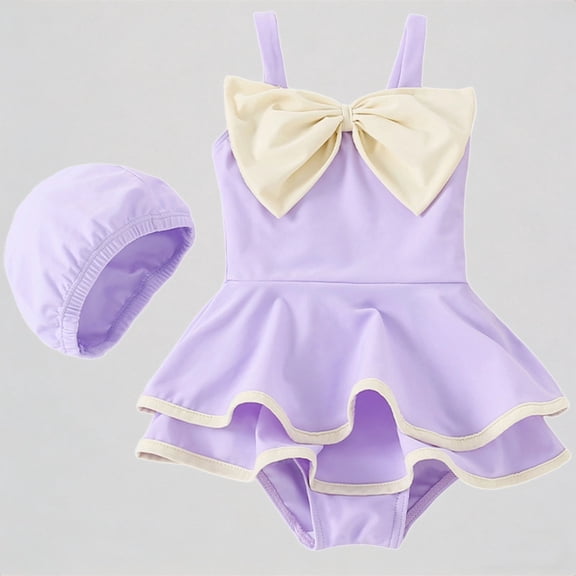 REDARER Toddler Girls 2-Piece Swim Set – Bowknot Swimsuit Matching Cap, Ruffled Hem Design, Cute Stylish Style for Summer Beach Outdoor Play,7-8 Years