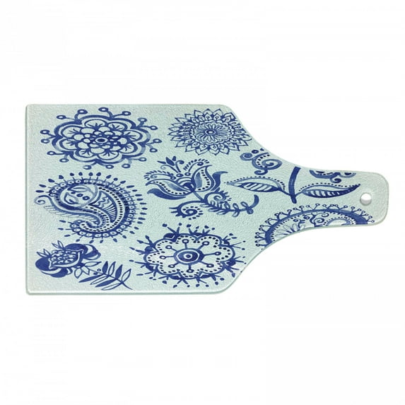 Blue and White Cutting Board, Old Fashioned Motifs in Watercolor Style Paisley Mandala Floral, Decorative Tempered Glass Cutting and Serving Board, Wine Bottle Shape, Navy Blue White, by Ambesonne