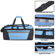 40 Liter 22 Inch Duffle Bag with Front Accessory Pocket, Velcro Handles, Dual Zipper Closure and Luggage Strap for Traveling, Commuting, Sports and Gym Equipment in Light Blue & Black