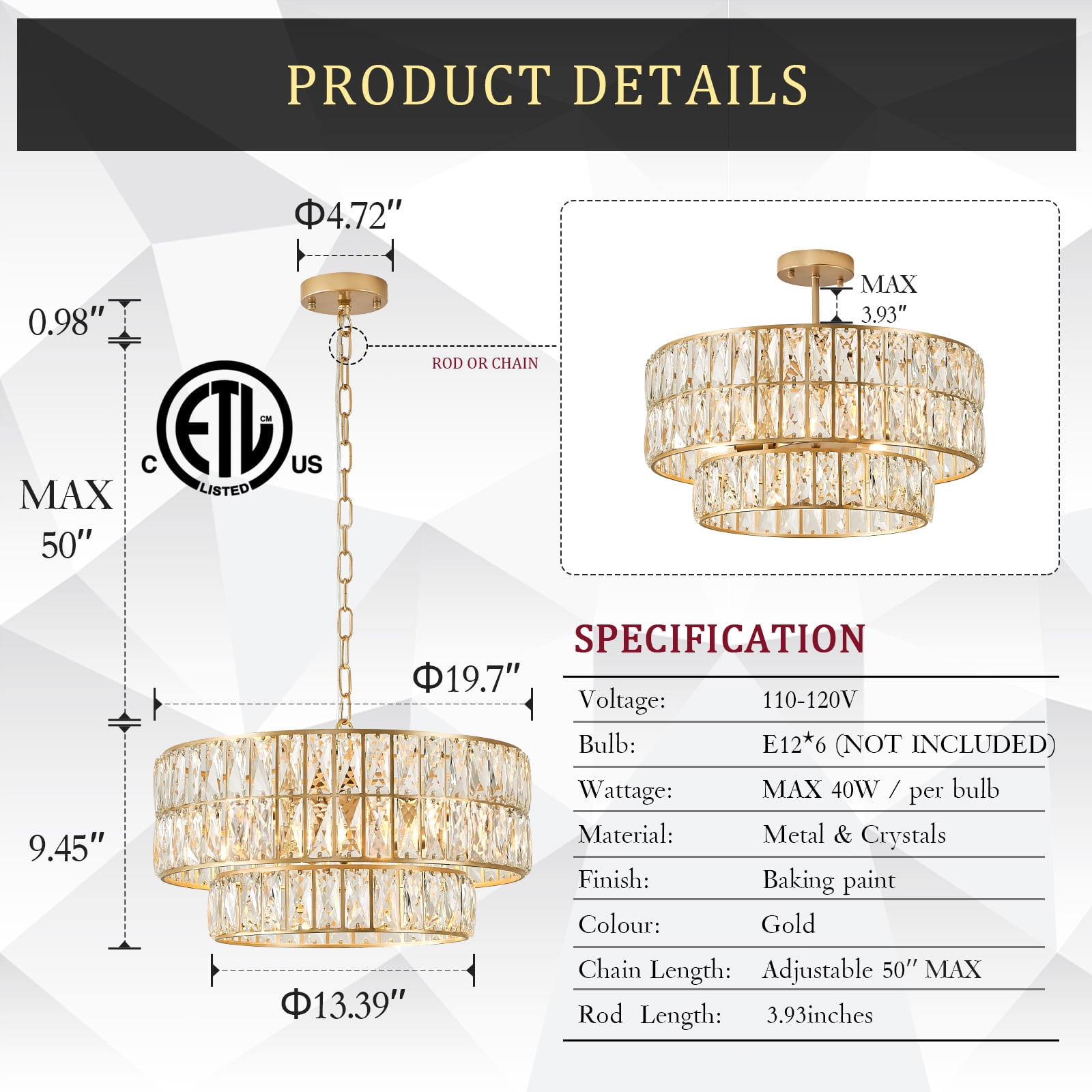 Gold 2-tier Crystal Chandelier 6-Lights Luxury Crystal Pendant Chandelier 20'' Drum Semi Flush Mount Ceiling Lights for Dining Room Foyer Living Room Bedroom Kitchen