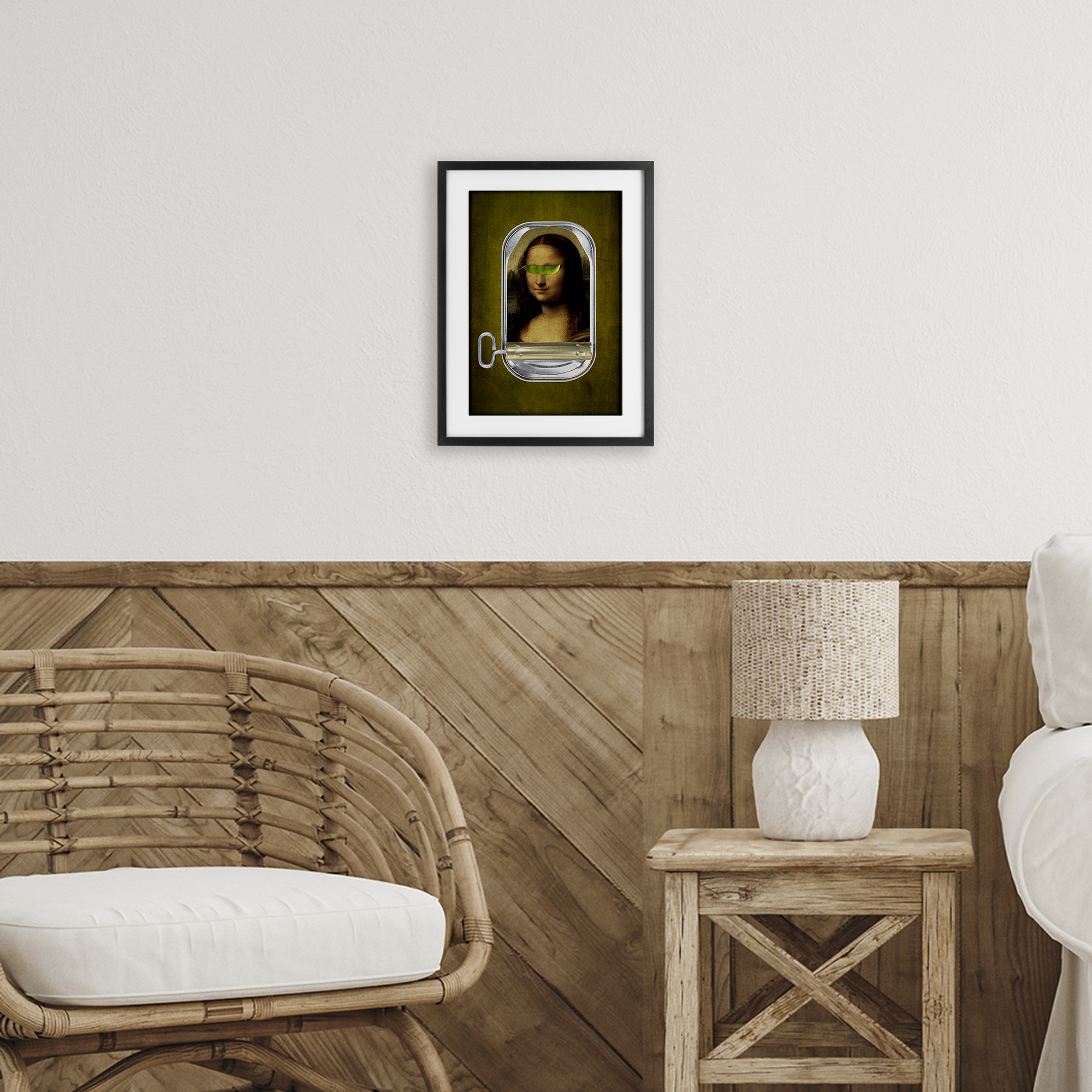 Canned Mona Lisa Black Framed Print Under Glass, design by Elo Marc