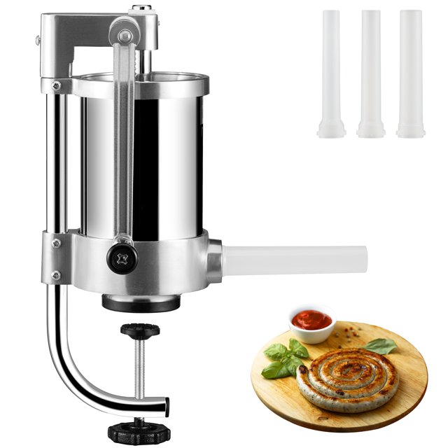 VEVOR Sausage Stuffer with 2.5lbs/1.5L capacity, made of food-grade stainless steel, featuring a vertical design, manual crank, suction base, and air release valve. Includes three adaptable stuffing tubes for various sausage sizes, shown alongside a wooden plate with cooked sausage and dipping sauce.