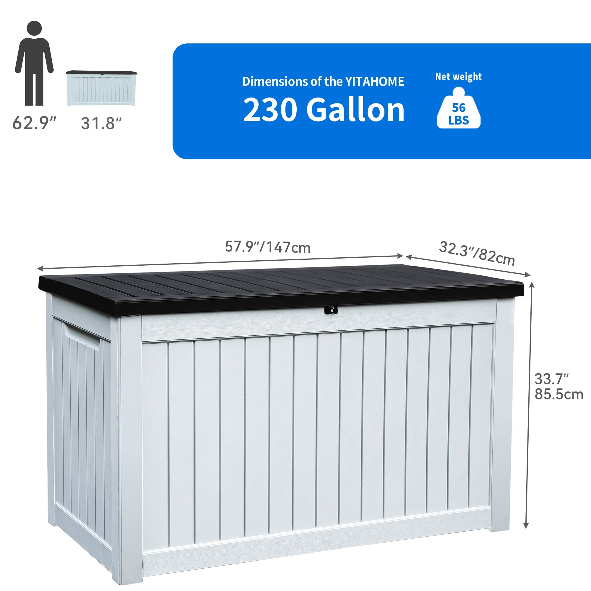 Dextrus Extra Large 230 Gallon Outdoor Storage Deck Box for Patio Cushions, Yard Implements, and Sports/Pool Gear, Durable Weatherproof Resin, Secure Locking Mechanism (Black&White 2)