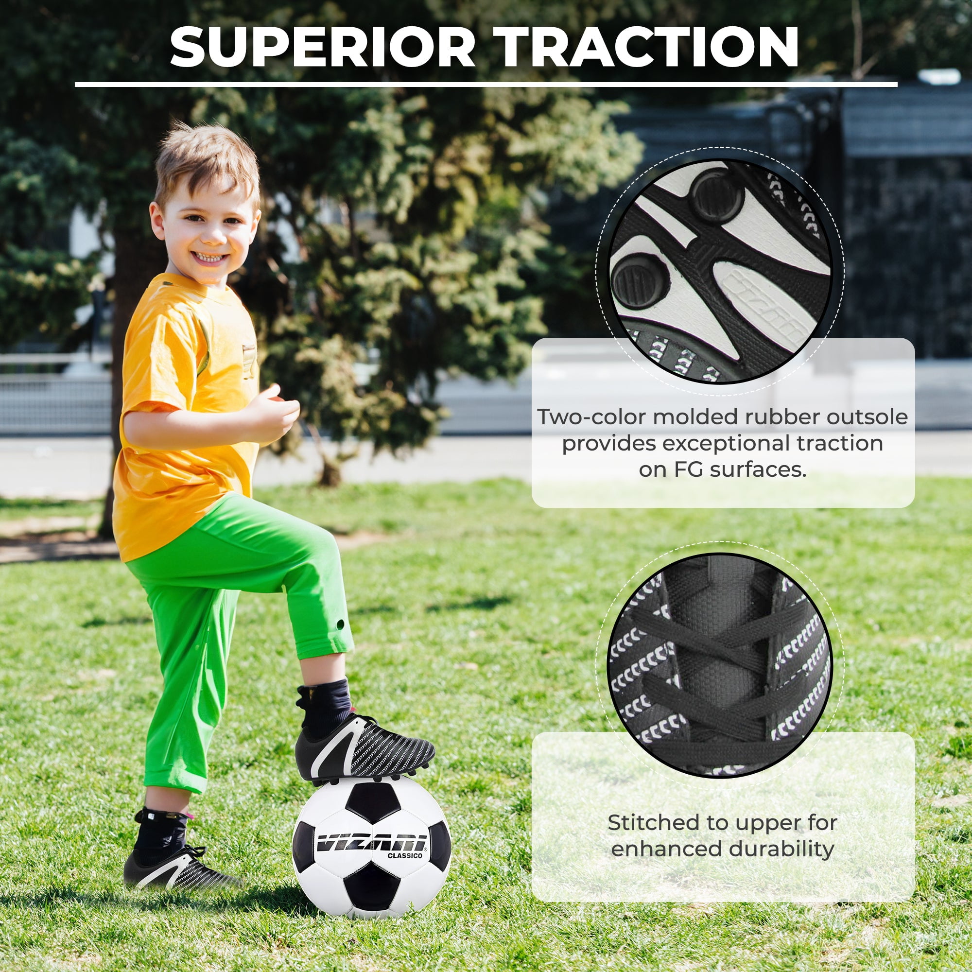 Vizari USA Impact Firm Ground Soccer Cleats for Kids – Comfortable, Lightweight, and Durable Shoes for Toddlers, Little Kids, and Big Kids - Black/White, 3.5