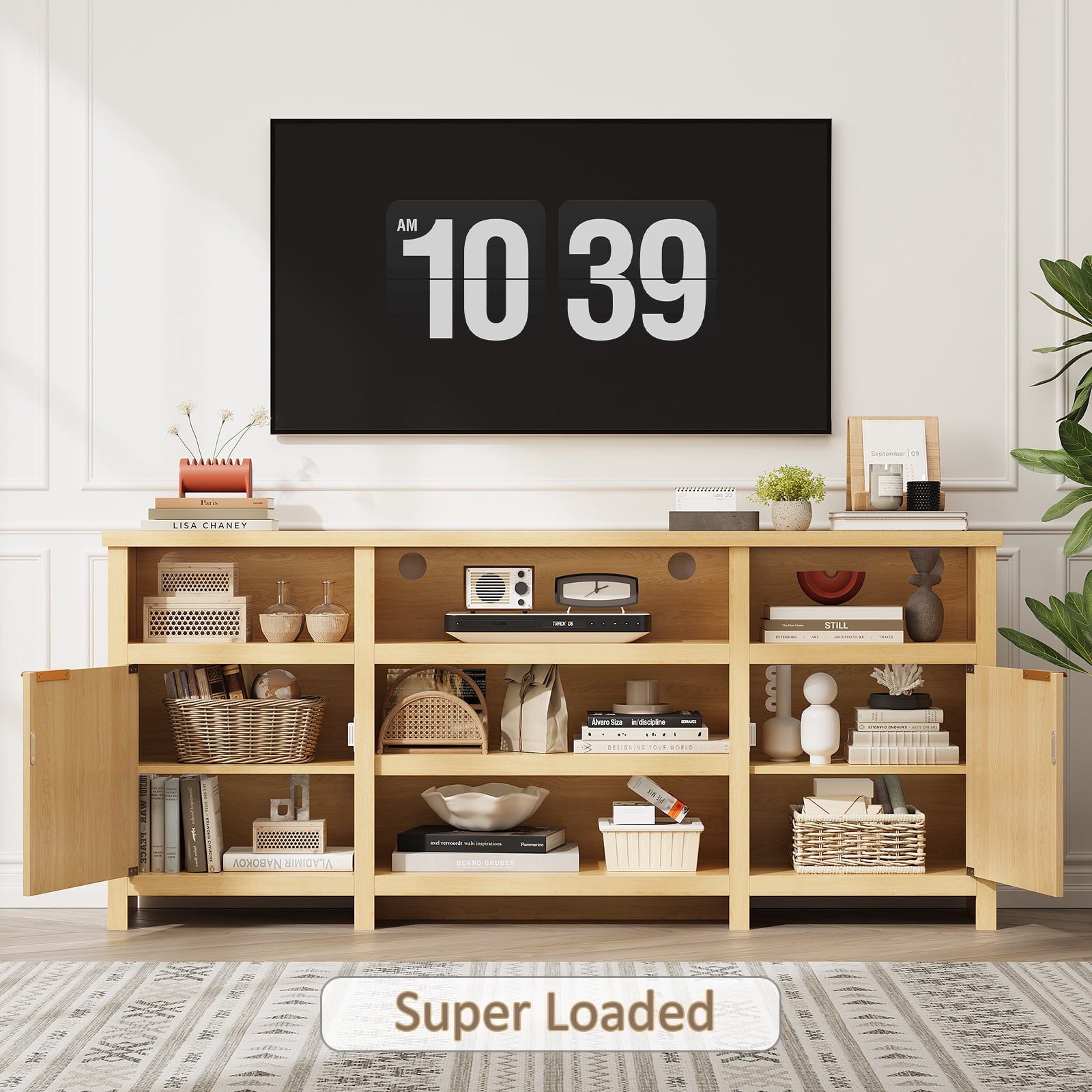 Feishominoo 71" TV Stand for TVs up to 80", 31.5" Tall Highboy Entertainment Center with LED Lights, Rustic Wooden Media Console Storage Cabinet with Adjustable Shelves for Living Room, Oak