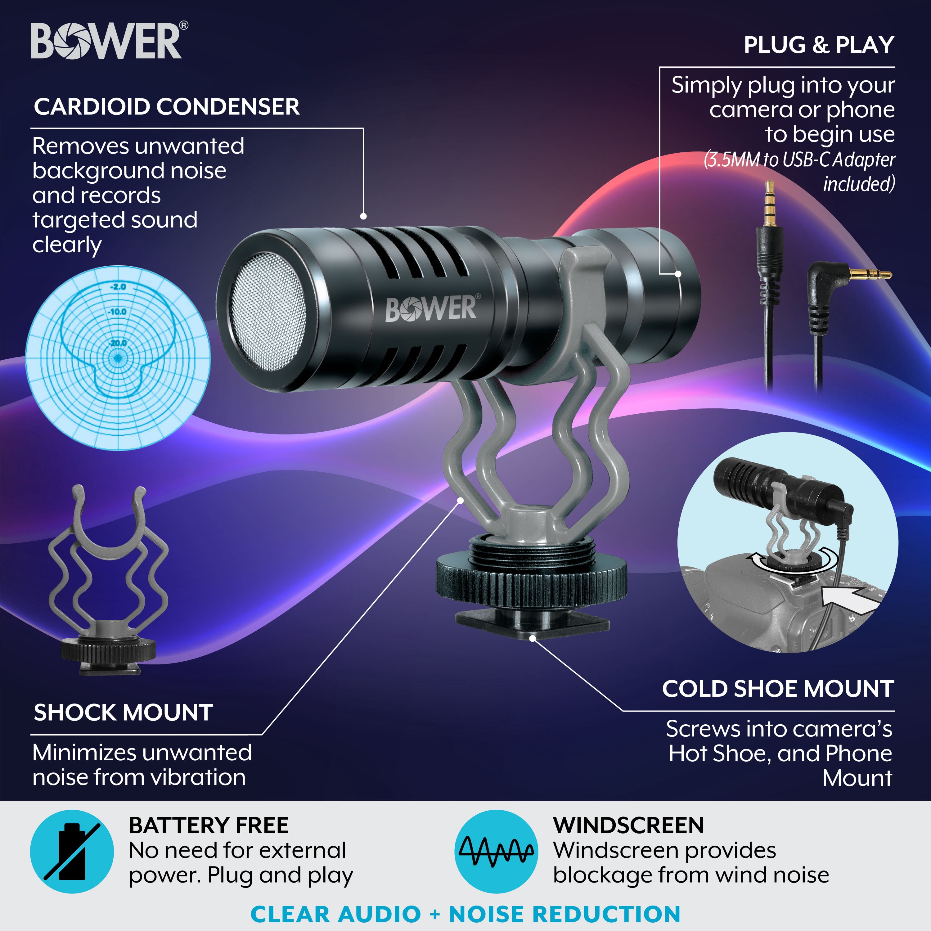 Bower Cardioid Condenser Microphone for Smartphones and DSLRs