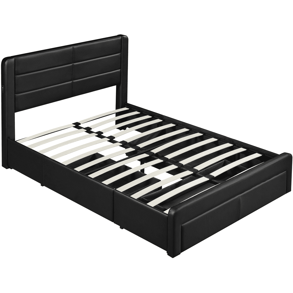 Renwick Upholstered Platform Full Bed with 3 Storage Drawers and Built-in USB Ports for Adults, Black