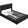 Yaheetech Upholstered Queen Bed with 3 Storage Drawers and BuiltIn USB Ports/Leather,Black